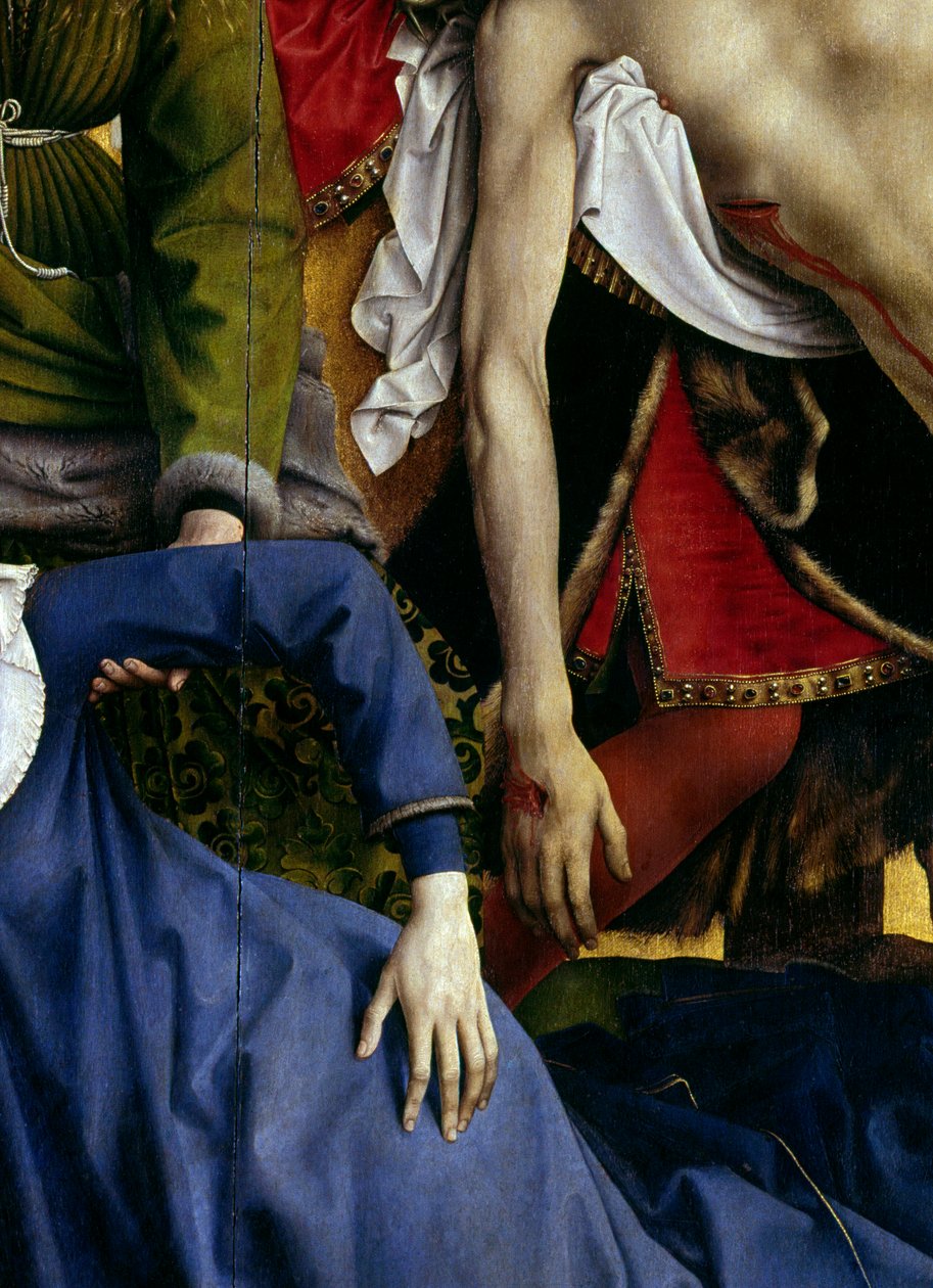 Afsætning eller nedstigning af korset. Detalje af den forsvundne jomfrus hånd og Kristi hånd. Rogier Altertavle (Roger) Van Der Weyden (1400-1464) 1435 Dim. 2,20 x 0,35 m Madrid, Prado-museet af Rogier van der Weyden