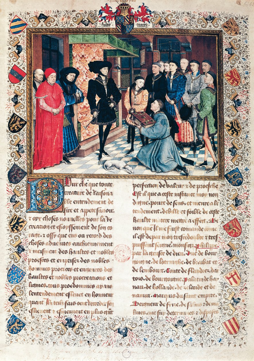 Præsentation af Hainauts krøniker til hertugen af Bourgogne Philippe den Gode (1396-1467) af Jean Wauquelin af Rogier van der Weyden