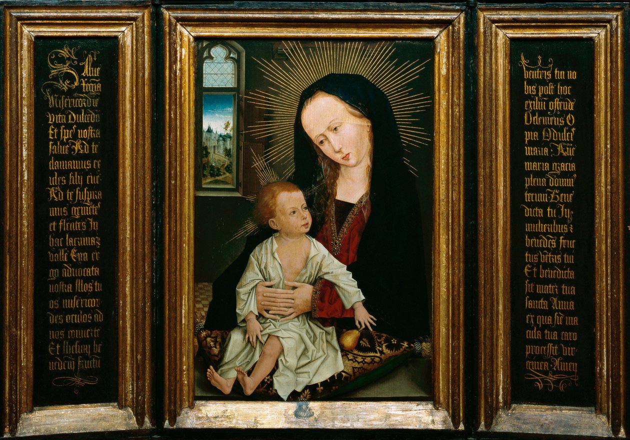 Salve Regina (Salve, O Dronning, katolsk bøn), repræsentation af Jomfruen og Barnet, der holder en pære (olie på træ) af Rogier van der Weyden