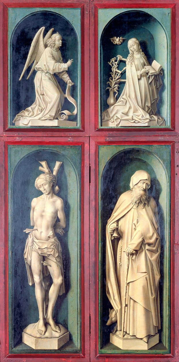 Bebudelsen, Sankt Sebastian og Sankt Antonius den Store, paneler fra bagsiden af den sidste dom, ca. 1445-50 af Rogier van der Weyden