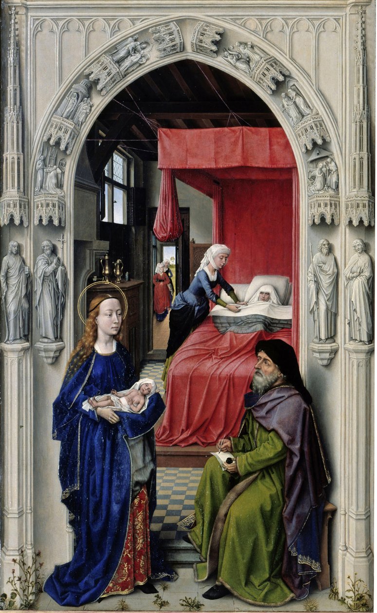 Johannes Døberens fødsel Johannes-alteret, venstre panel, ca 1455 af Rogier van der Weyden