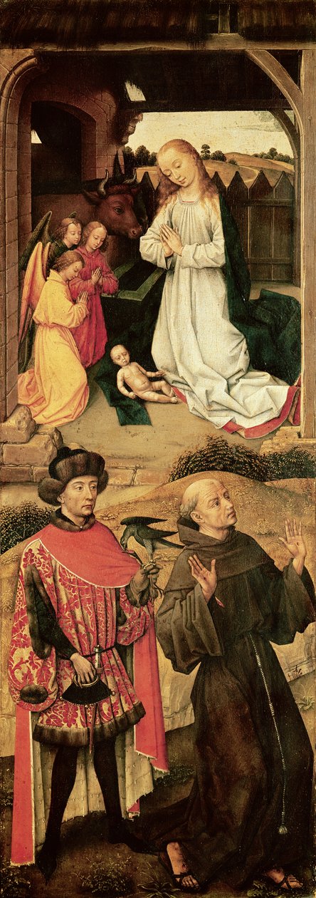Triptykon på Golgata (venstre panel, Fødselskirken i den øverste sektion, Saint Francis of Assisi og muligvis Saint Julian the Hospitaller i den nederste sektion) af Rogier van der Weyden