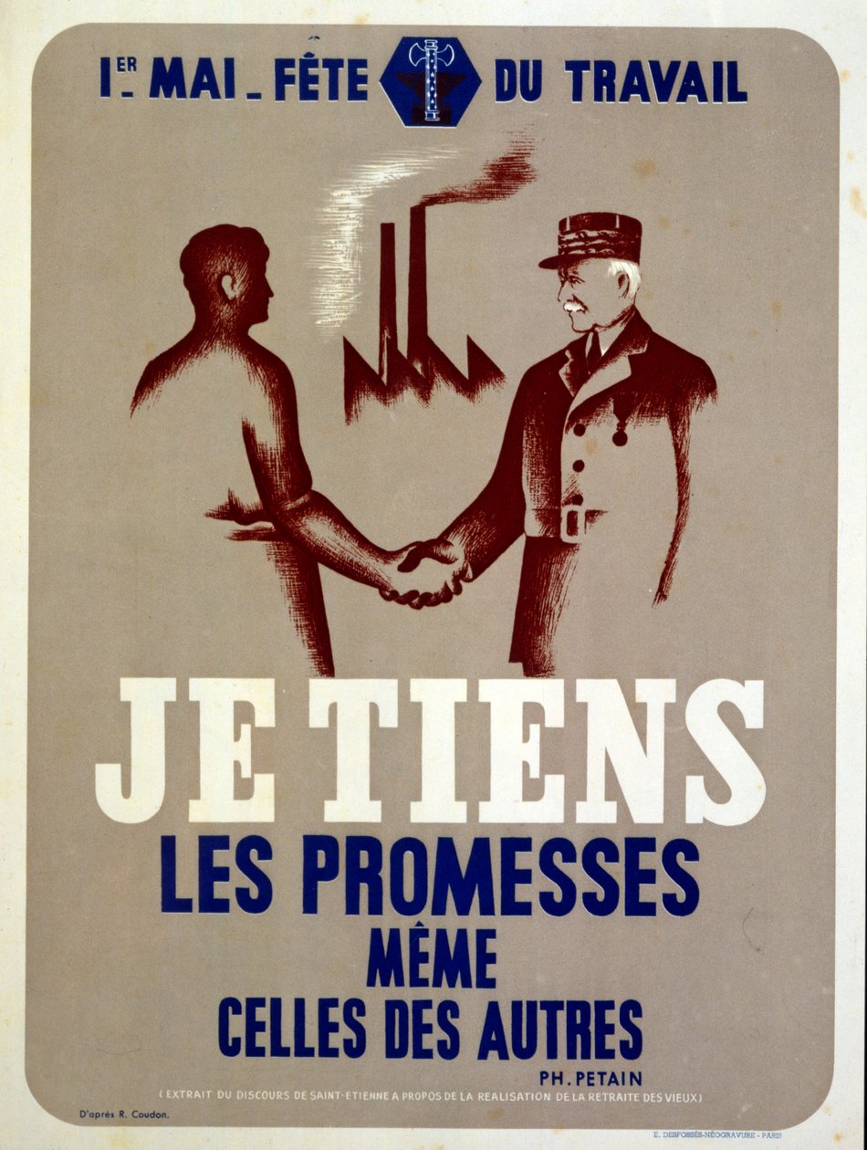 Propagandaplakat udstedt af Marshall Petain, den franske Vichy-leder, til arbejdernes 1. maj-festival i krigstidens Frankrig (plakat) af Roland Coudon