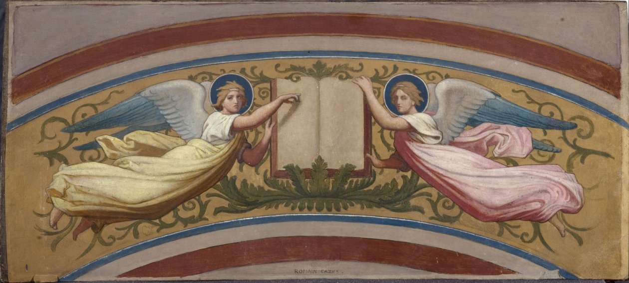 Skitse til Saint-François-Xavier-kirken: Evangeliebogen støttet af to engle, mellem 1874 og 1876 (olie på gouache, akvarel, papir) af Romain Cazes