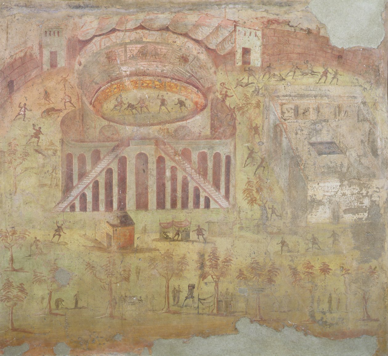 En kamp i amfiteatret, 59 e.Kr., kamp mellem borgere i Pompeji og Neceria, fra Pompeji, 4. dekorativ stil af Roman