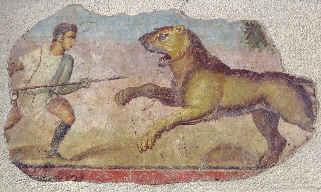 En gladiator, der bekæmper en løve, fra Merida Amphitheatre af Roman