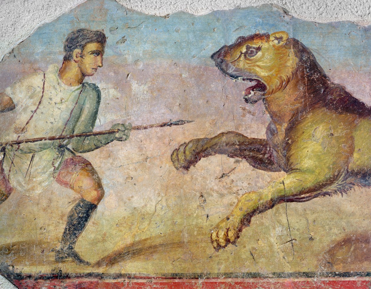 En gladiator, der kæmper mod en løve, fra Merida Amphitheatre fresco detalje af 696579 af Roman
