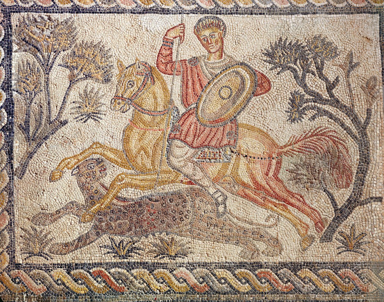 En mosaik, der forestiller en leopardjagt, fra Villa de las Tiendas, ca.326-400 (mosaik) af Roman
