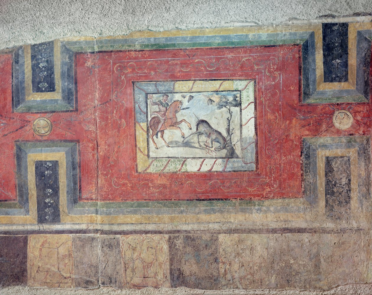 Et vægmaleri, der viser en jagtscene, fra en genskabelse af det indre af et romersk hus af Roman