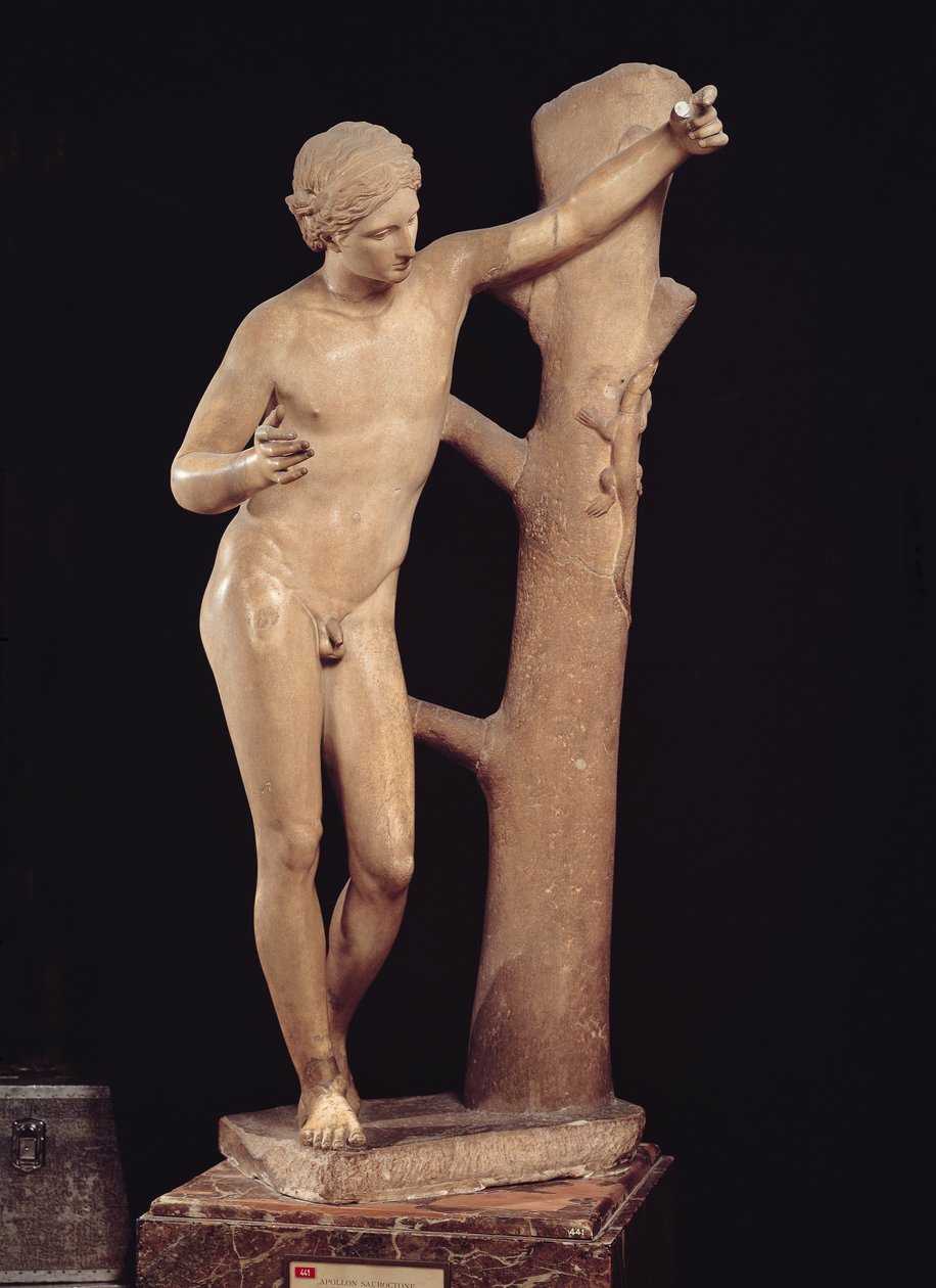 Apollo Sauroktonos (øgledræber) Romersk kopi af en græsk bronze lavet ca. 350 f.Kr., tilskrevet Praxiteles (fl. 370-339 f.Kr.) (marmor) af Roman