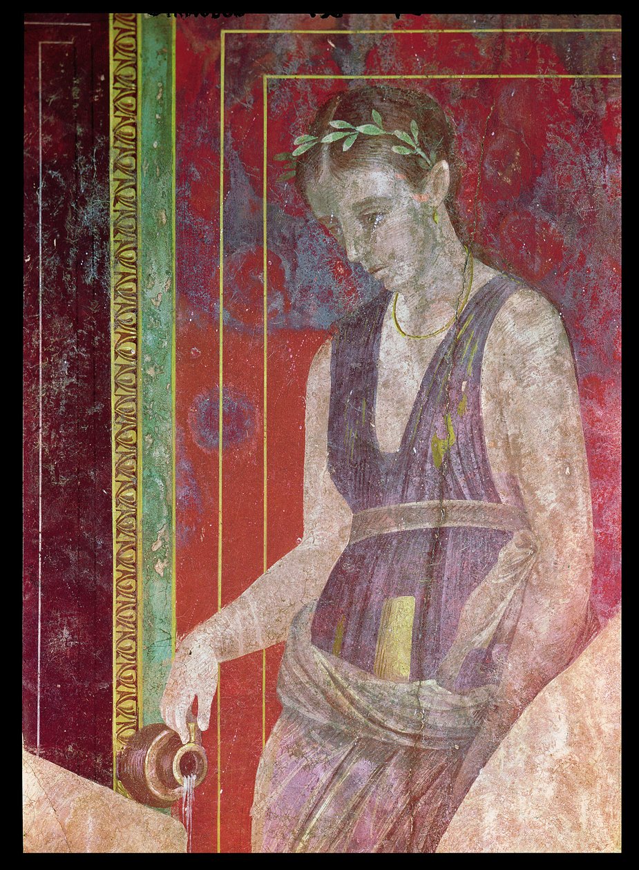 Ledsager hælder væske fra en kande, nordvæg, Oecus 5, 60-50 f.Kr. freskomaleri fra 57185 af Roman