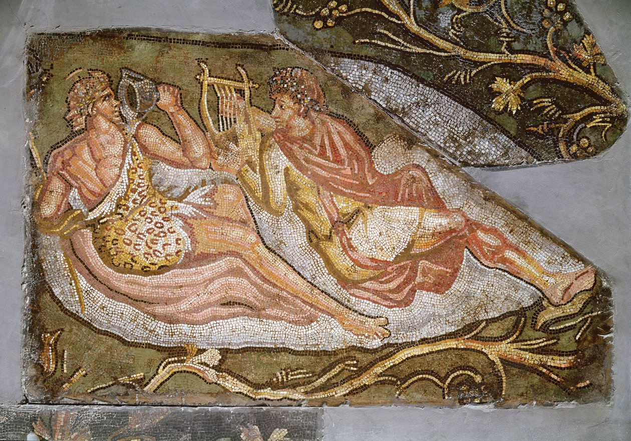 Bacchus Reclining, detalje fra The Punishment of Lycurgus, 2.-3. århundrede (mosaik) af Roman
