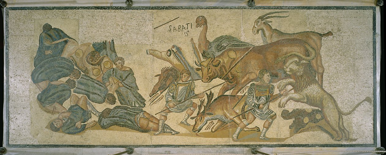 Kamp mellem gladiatorer og dyr, 320 AD (mosaik) af Roman