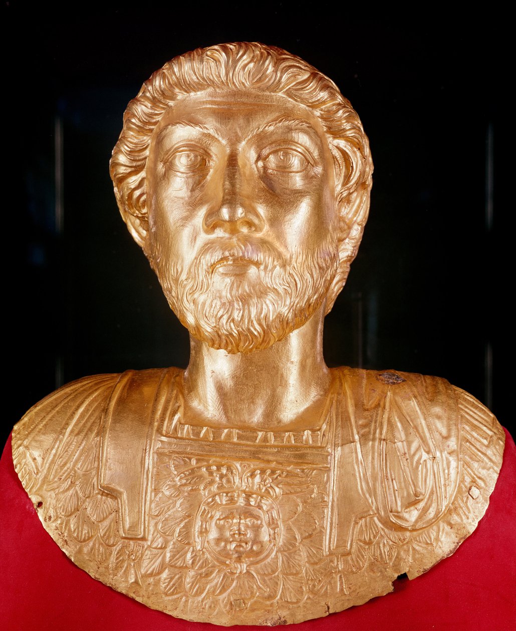 Buste af Marcus Aurelius (121-180 e.Kr.) (guld) af Roman