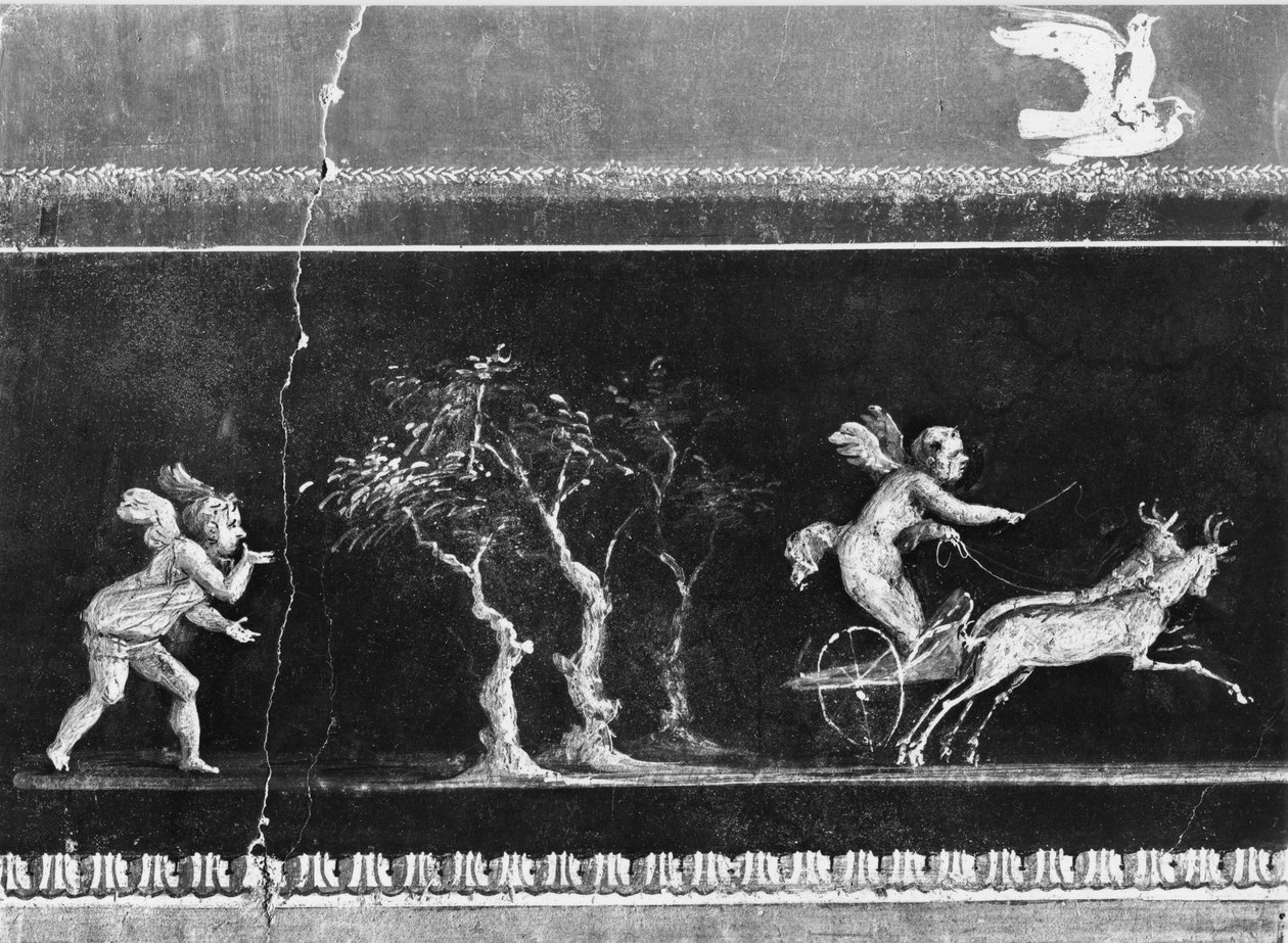 Keruber i strid med vogne, frise fra Oecus of Casa dei Vettii (Vettiiernes hus) ca. 50-79 e.Kr. (se også 215431) af Roman