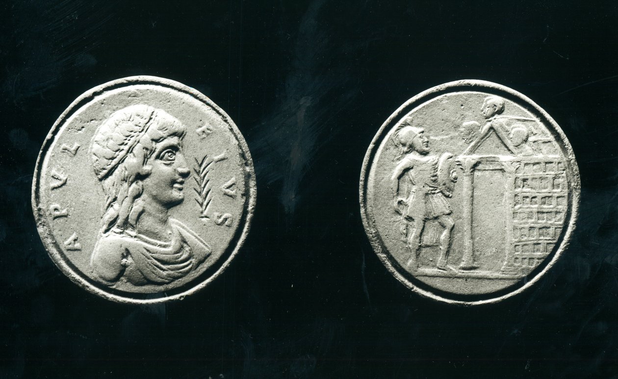 Contorniate repræsenterer Apuleius (ca. 124-efter 170 e.Kr.) og Reverse forestiller en soldat foran et tempel, 4.-5. århundrede (bronze) (se også 136304) af Roman