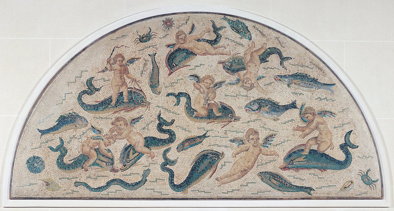 Amor, delfiner og havliv fra Utica, Nordafrika (mosaik) af Roman