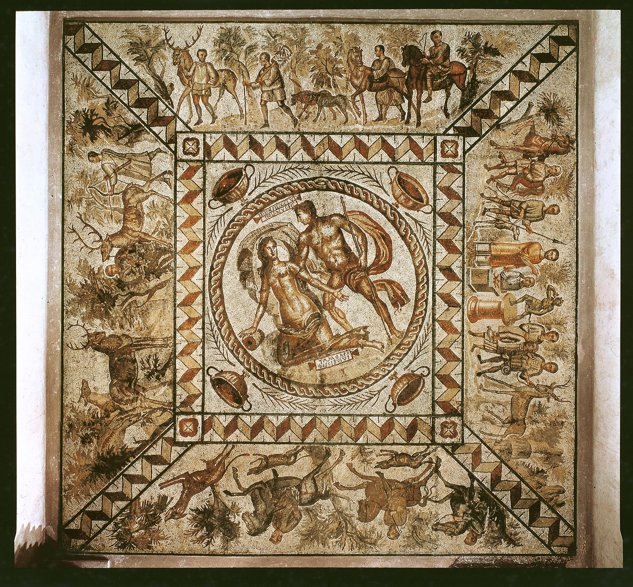Daphne forfulgt af Apollon omgivet af jagtscener, signeret af Senius Felix, borger fra Pouzzoles (mosaik) af Roman