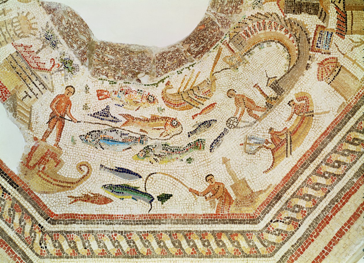 Detalje af fisk, fra Vega Baja mosaik, se også 316397 af Roman