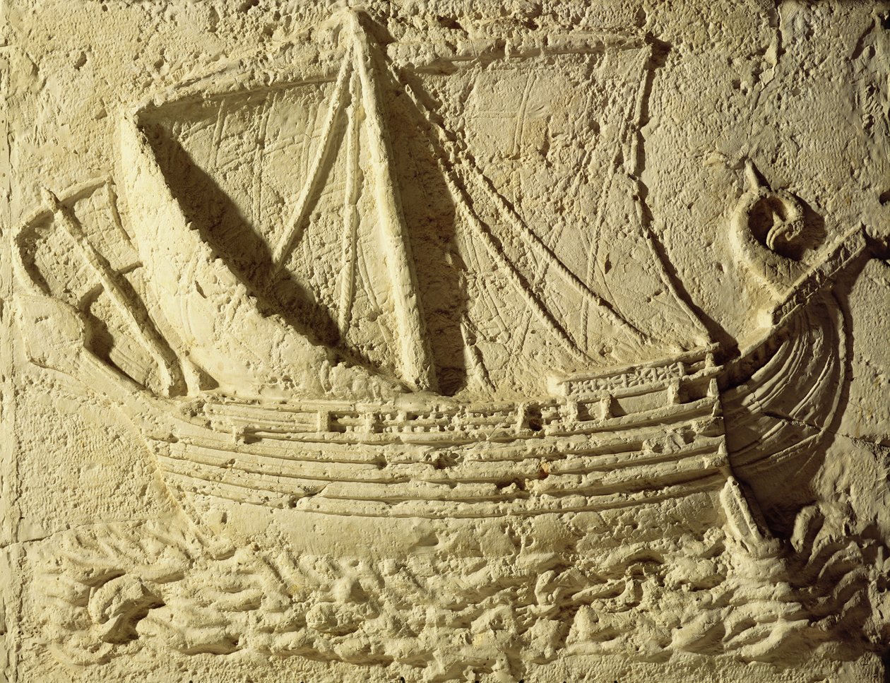 Detalje af et relief af en båd, fra en sarkofagsten af Roman