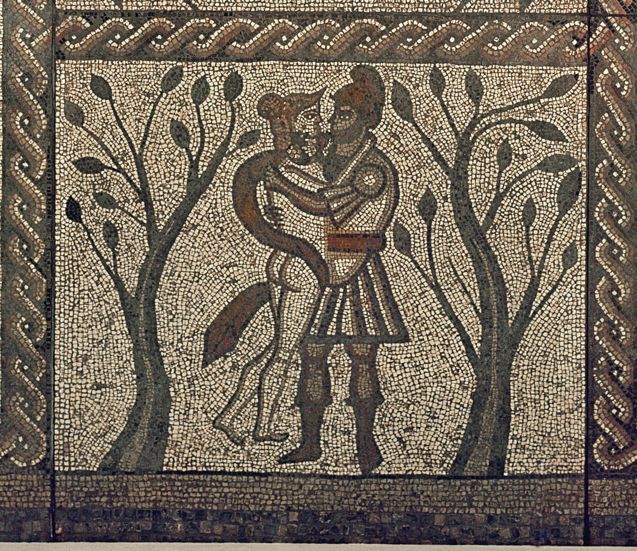 Dido og Aeneas omfavner, fra mosaikbelægningen i den romerske villa ved Low Ham, omkring 350 e.Kr. mosaikdetalje fra 5959 af Roman