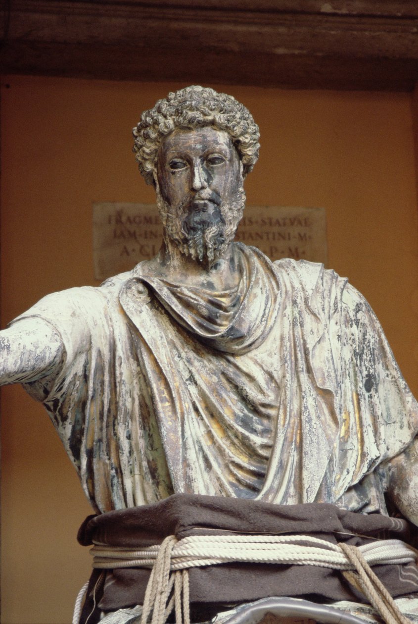 Rytterstatue af Marcus Aurelius (AD 121-180), kopi af bronze-originalen i Palazzo Nuovo (marmor) (detaljer) af Roman