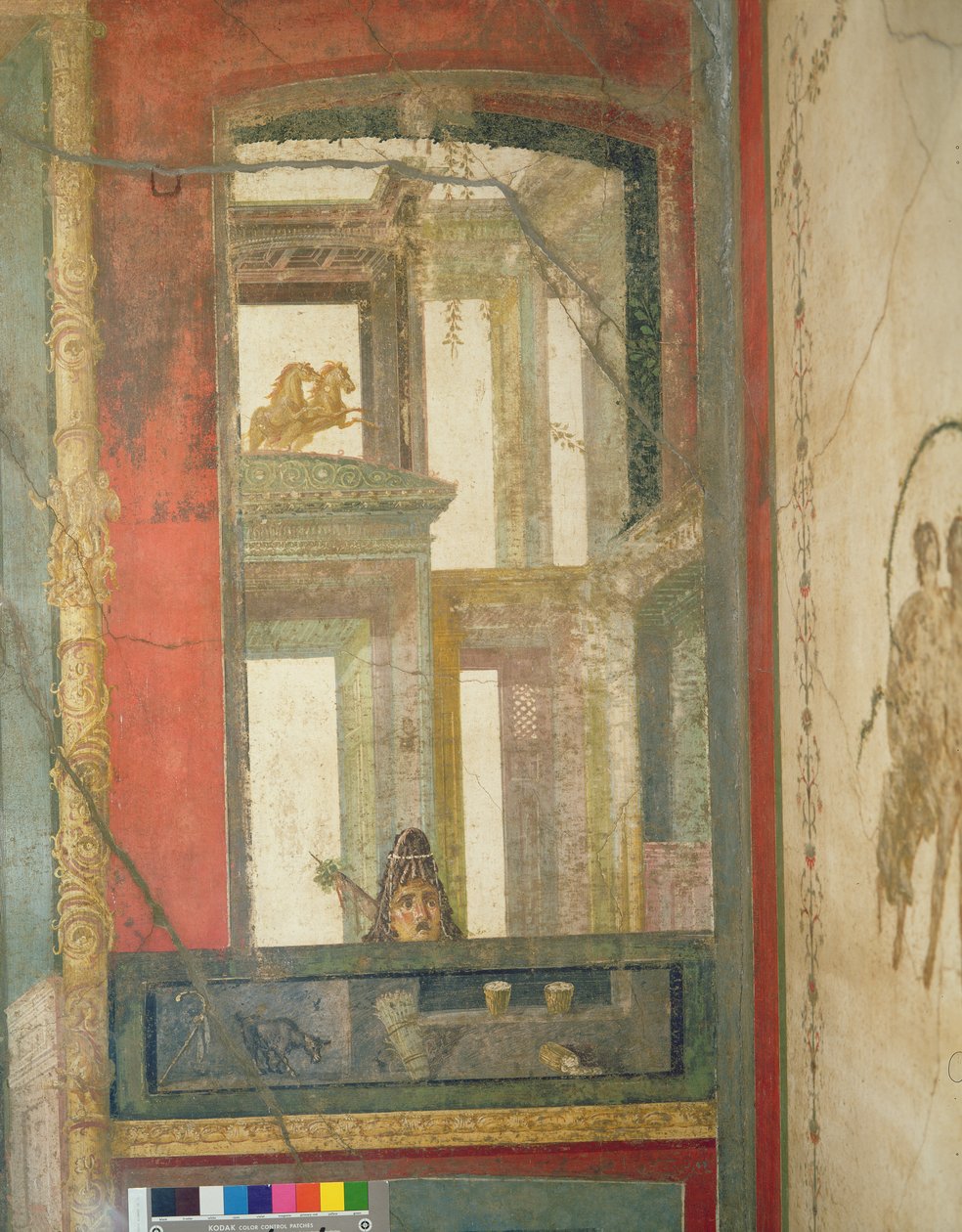 Fantastisk arkitektur med to heste og en teatralsk maske, fra Case dei Vettii (Vettiiernes hus) ca. 50-79 e.Kr. af Roman
