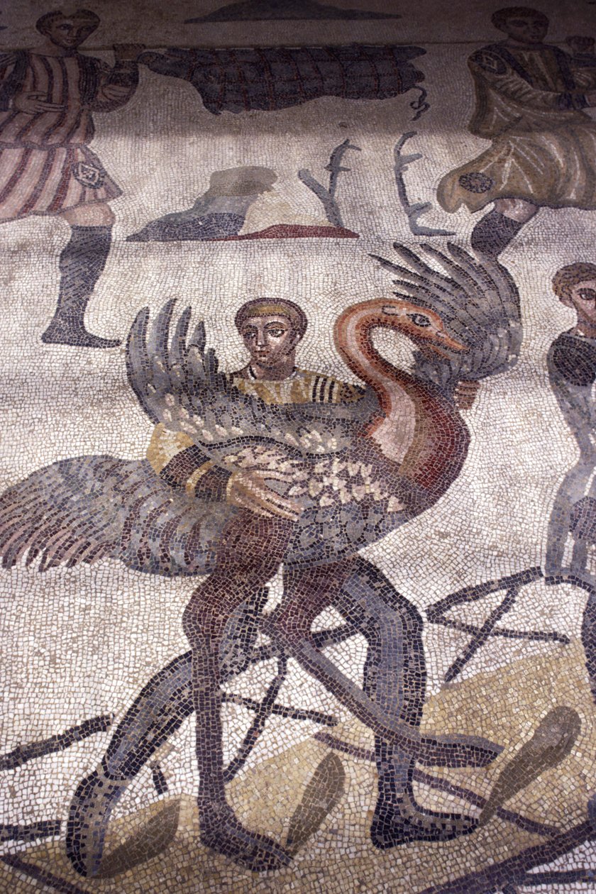 Mand med en svane, detalje fra en jagtscene (mosaik) af Roman