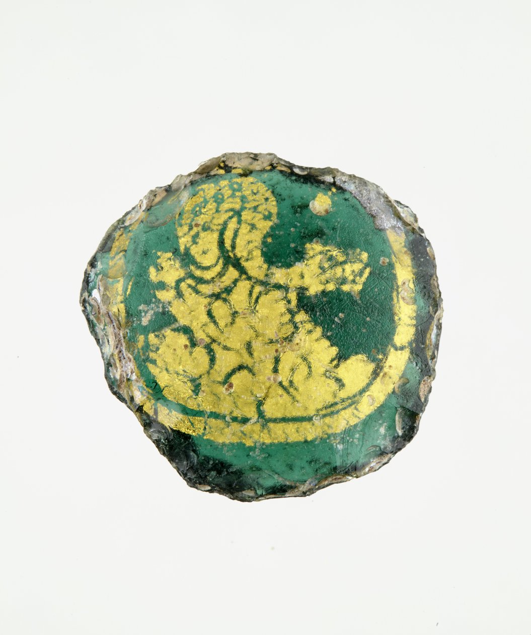 Medaljon med Babylons slange oprullet på klipper, 3.-4. århundrede e.Kr. (guld og glas) af Roman