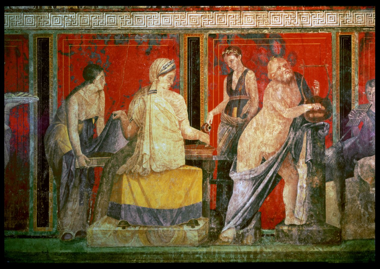 Minister, der bærer en bakke mad med Silenus, der spiller en lyre, og en ung Satyr, der spiller en Syrinx, North Wall, Oecus 5, 60-50 f.Kr. af Roman