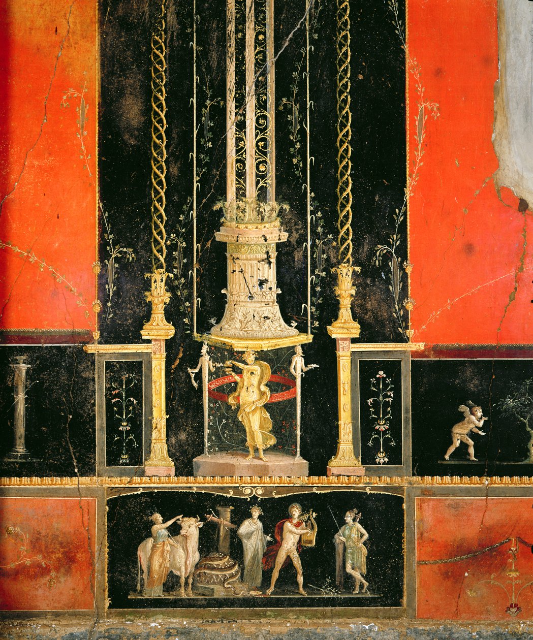 Mytologiske og dekorative detaljer fra østmuren i elskerens værelse, Casa dei Vettii, ca. 5-79 e.Kr. (vægmaleri) af Roman