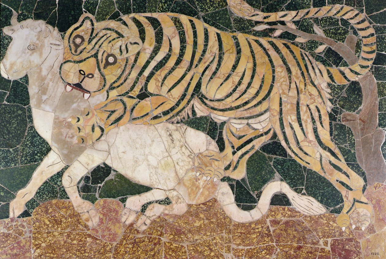 Panel, der viser en tiger, der angriber (marmor) af Roman