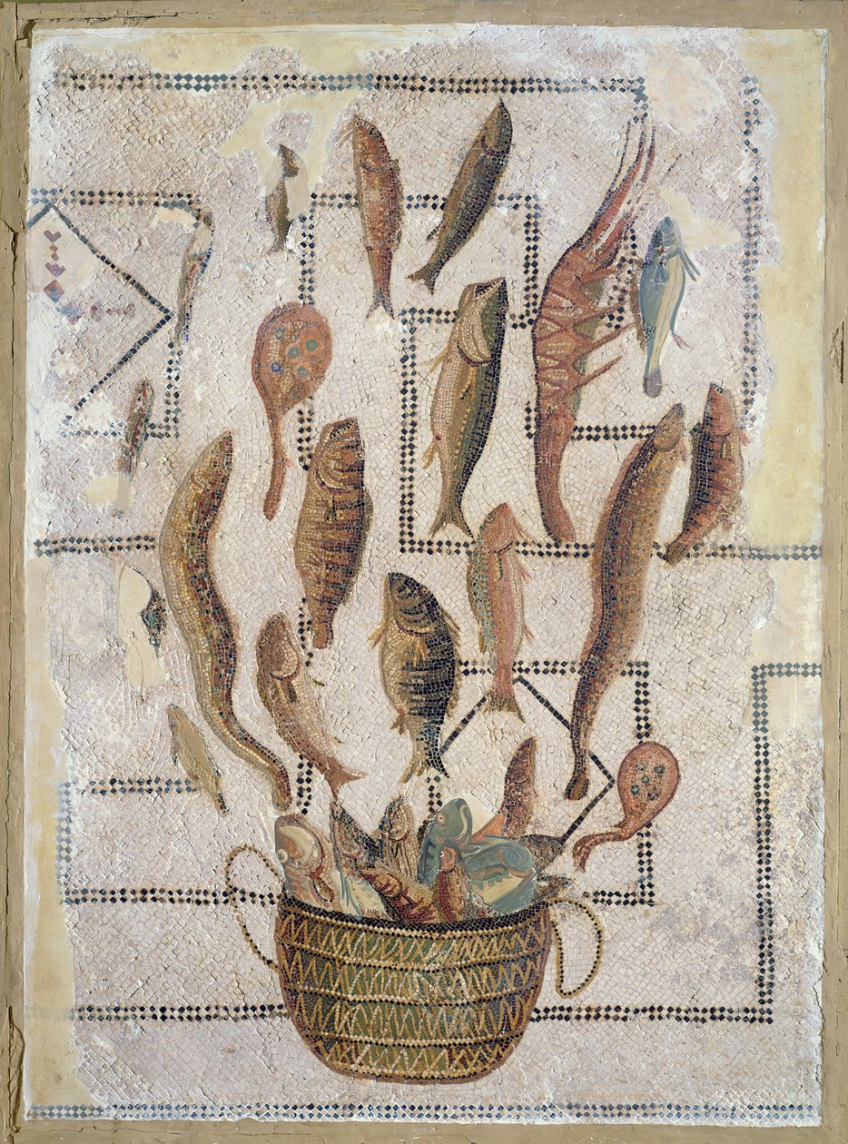Fortov, der viser fisk, der flygter fra en kurv, fra Sousse (mosaik) af Roman