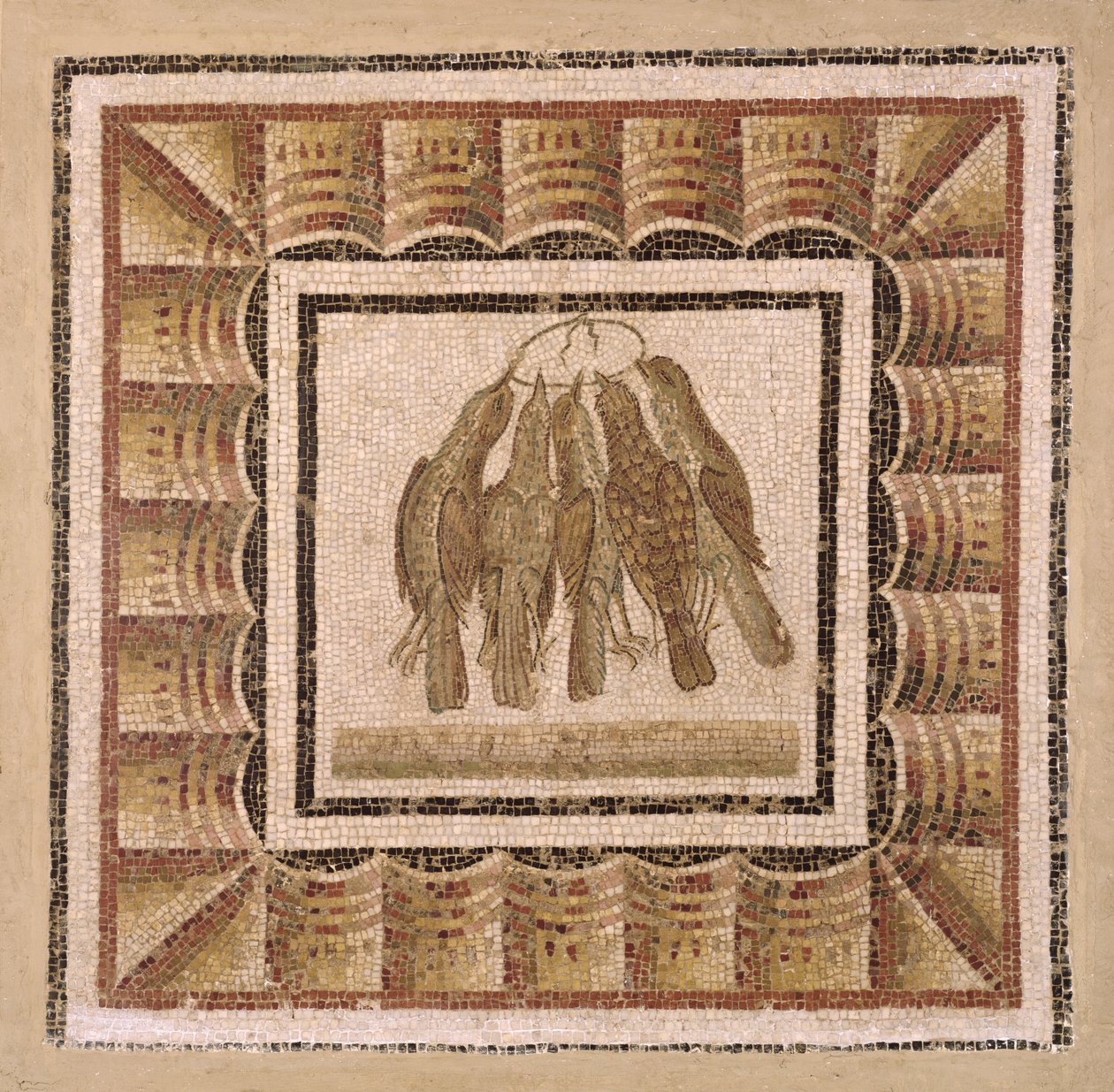 Brosten med fem drosler, fra El-Jem (Thysdrus) (mosaik) af Roman
