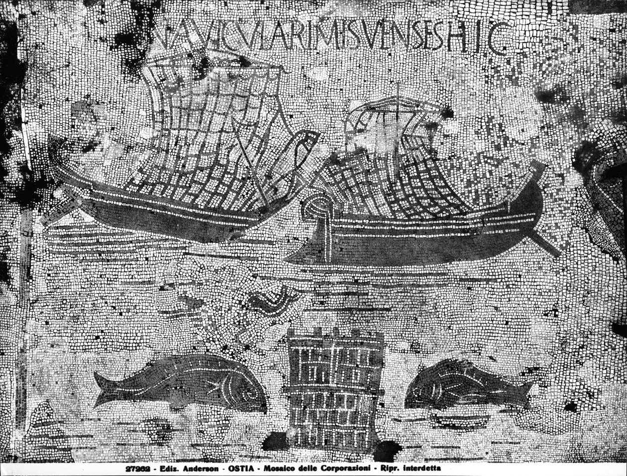 Fortovsdetalje fra Piazzale dell Corporazioni, der viser en nautisk scene (mosaik) af Roman