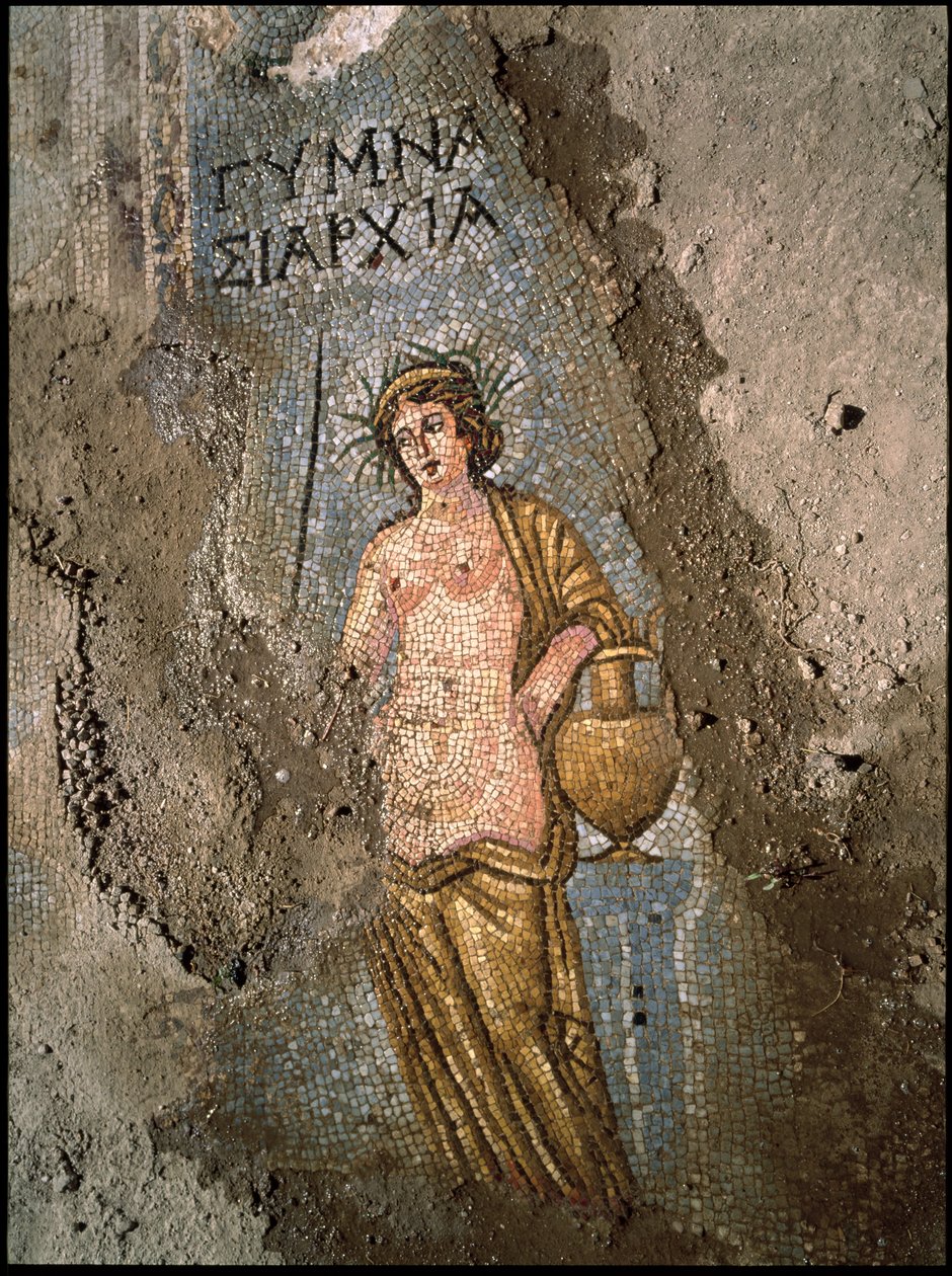 Fortovsdetalje af en kvindemosaik af Roman
