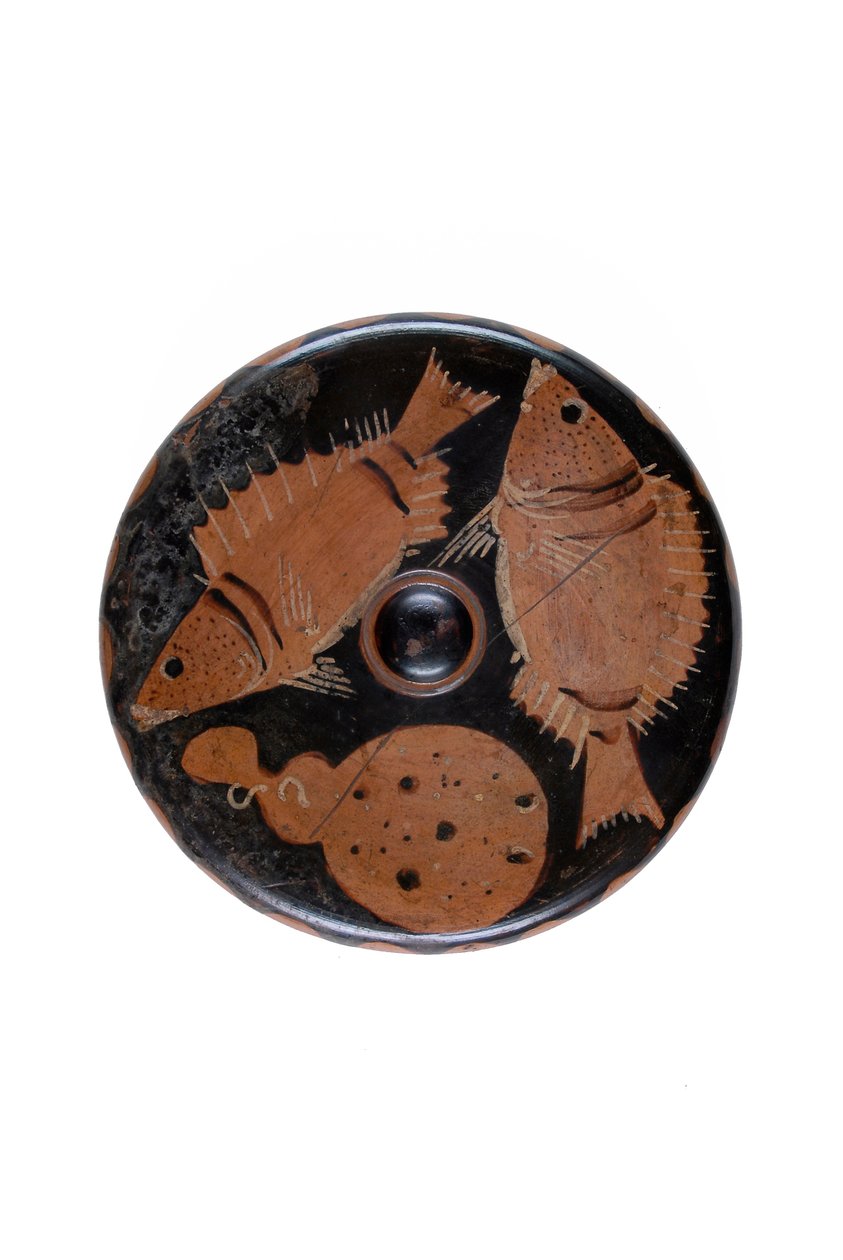 Rødfiguret tallerken dekoreret med fisk (terracotta) af Roman