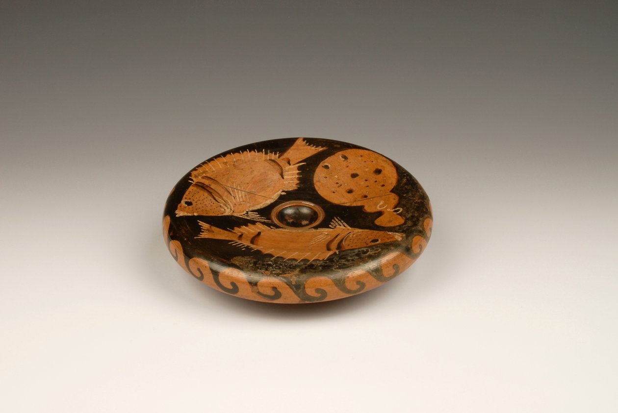 Tallerken med rød figur dekoreret med fisk (terracotta) af Roman