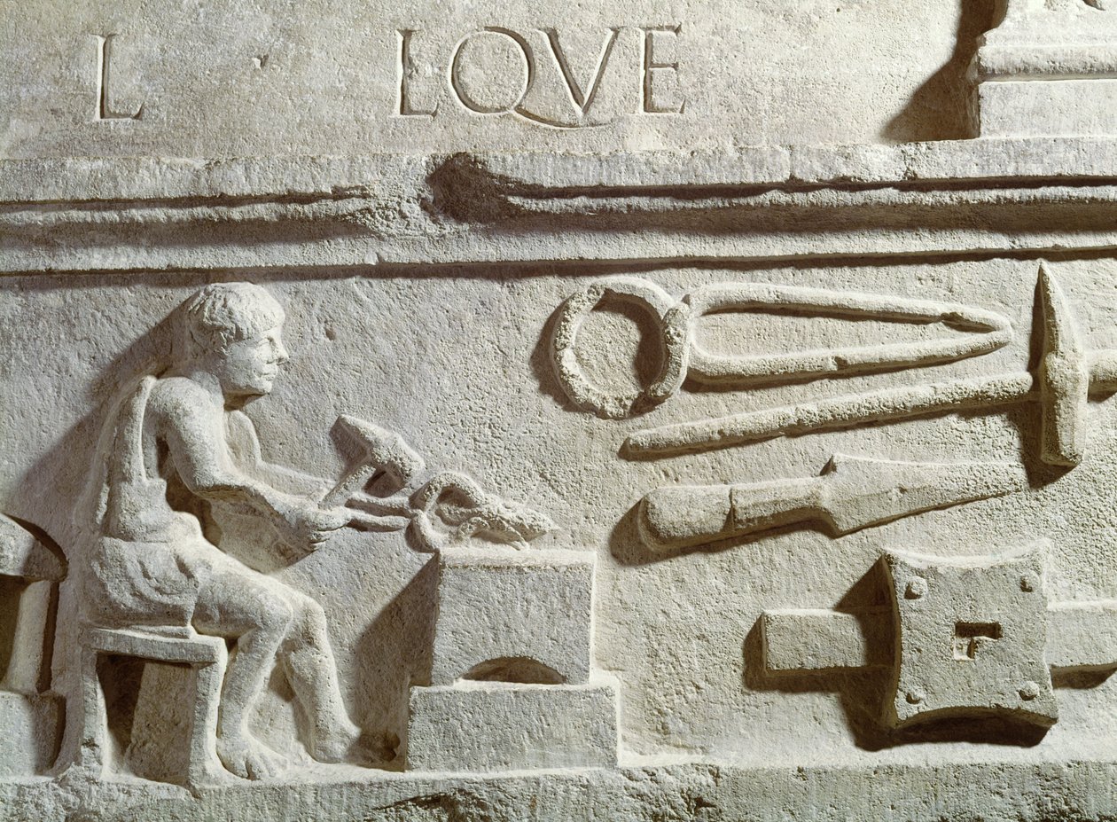 Relief forestillende en smedebutik og værktøj af Roman