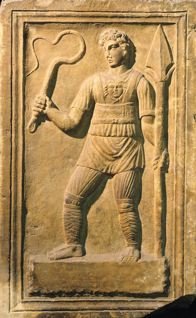 Relief, der forestiller en gladiator, der holder en pisk og et spyd af Roman
