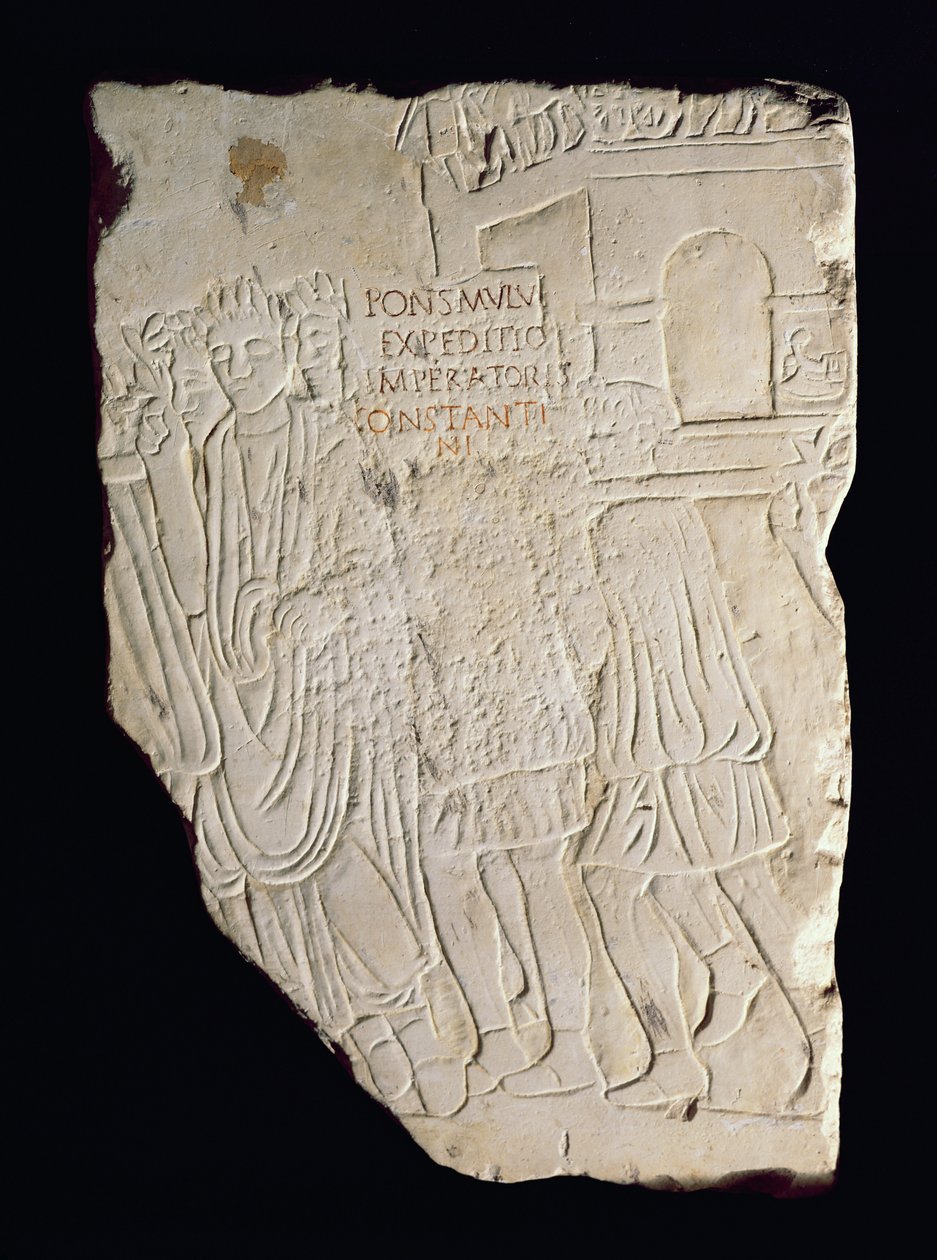 Relief, der viser Konstantin den Stores (270-337) sejr over Maxentius (280-312) i slaget ved Pons Milvius i 312 e.Kr. af Roman