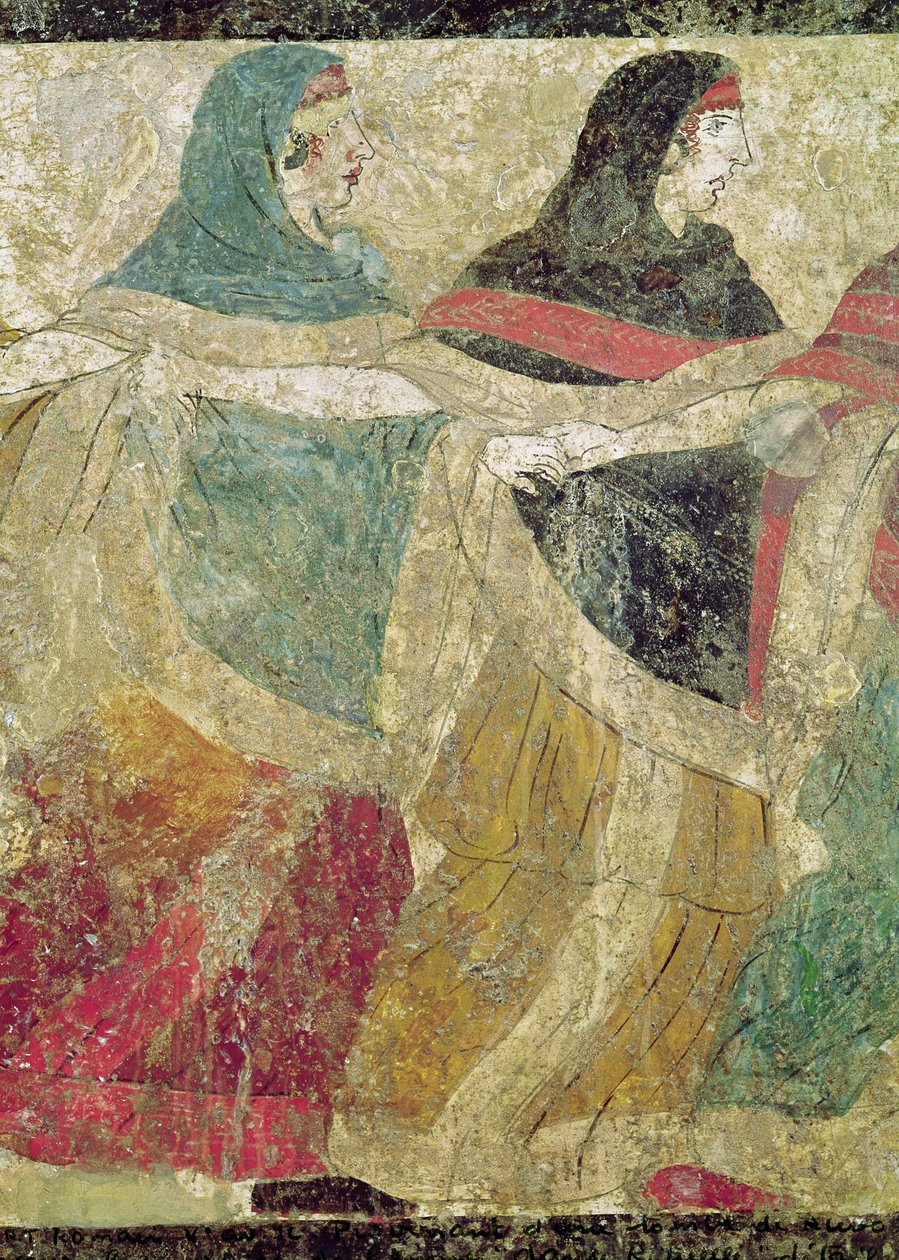Rituel begravelsesdans, detalje af to kvinders freskomaleri fra 82778 af Roman