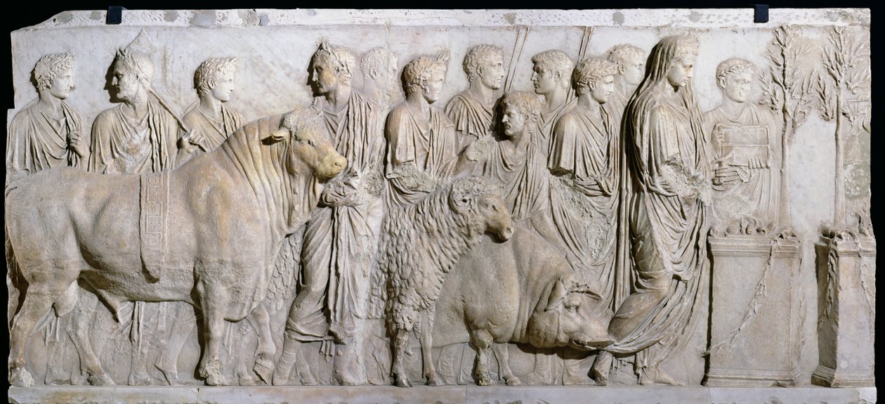Ofring af en tyr, en vædder og en gris til ære for Gud Mars, frise fra Domitius Ahenobarbus alter, fra Neptuntemplet, Rom (detaljer) af Roman