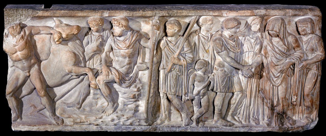 Sarkofag, der forestiller Jason og den ildåndende tyr ved Colchis, 753-476 f.Kr. (marmor) af Roman