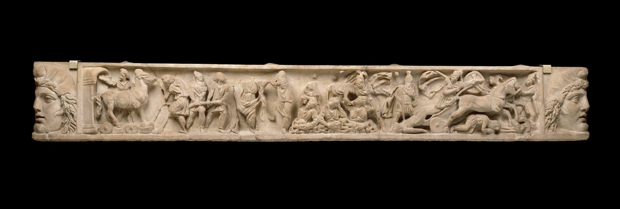 Sarkofaglåg med relief af den trojanske krig - Sæk af Troja, den trojanske hest og Achilleus og liget af Hector, ca. 200 e.Kr. (marmor) af Roman
