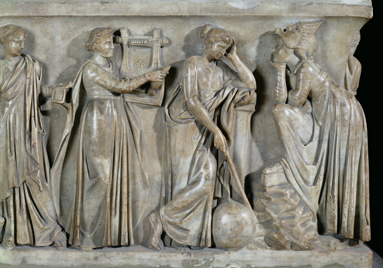 Musernes sarkofag, detalje afbilder Terpsichore, Urania og Melpomene, ca. 160 e.Kr. (marmor) af Roman