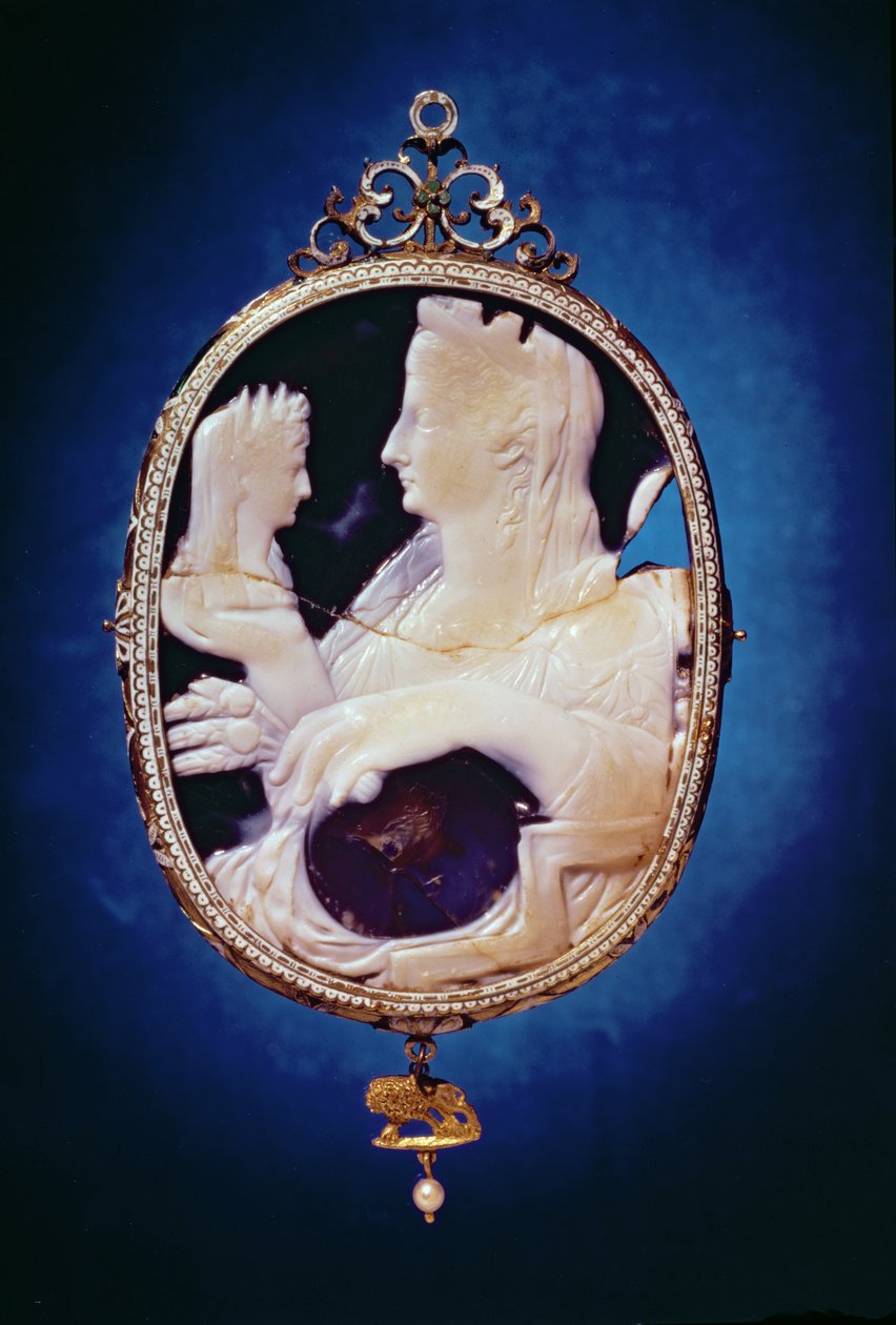 Sardonyx kamæle med profilen af Livia, hustru til kejser Augustus (63 f.Kr.-14 e.Kr.) og Tiberius (Claudius Nero) (42 f.Kr.-37 e.Kr.), 1. århundrede (sardonyx) af Roman