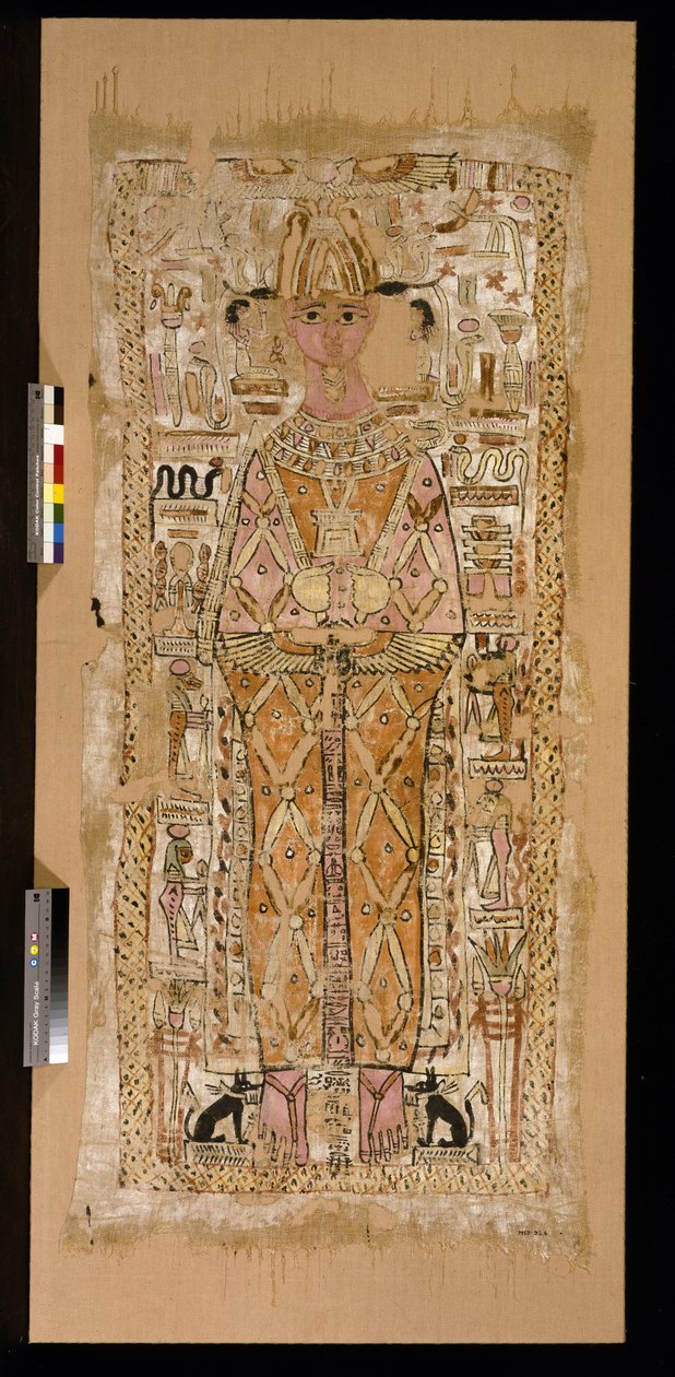 Ligklædet forestiller den afdøde, en mand ved navn Nespatawi, som Osiris, flankeret af tilhørende guder og symboler (malet linned) af Roman
