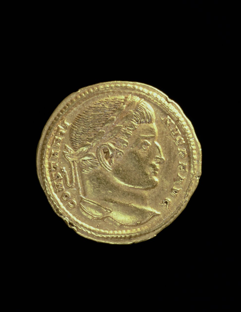 Solidus (forside) af Konstantin, I den Store (306-337 e.Kr.) med bar buste og iført laurbærkrans. Indskrift: CONSTANTINVS P F AVG (for bagside se 119151) af Roman