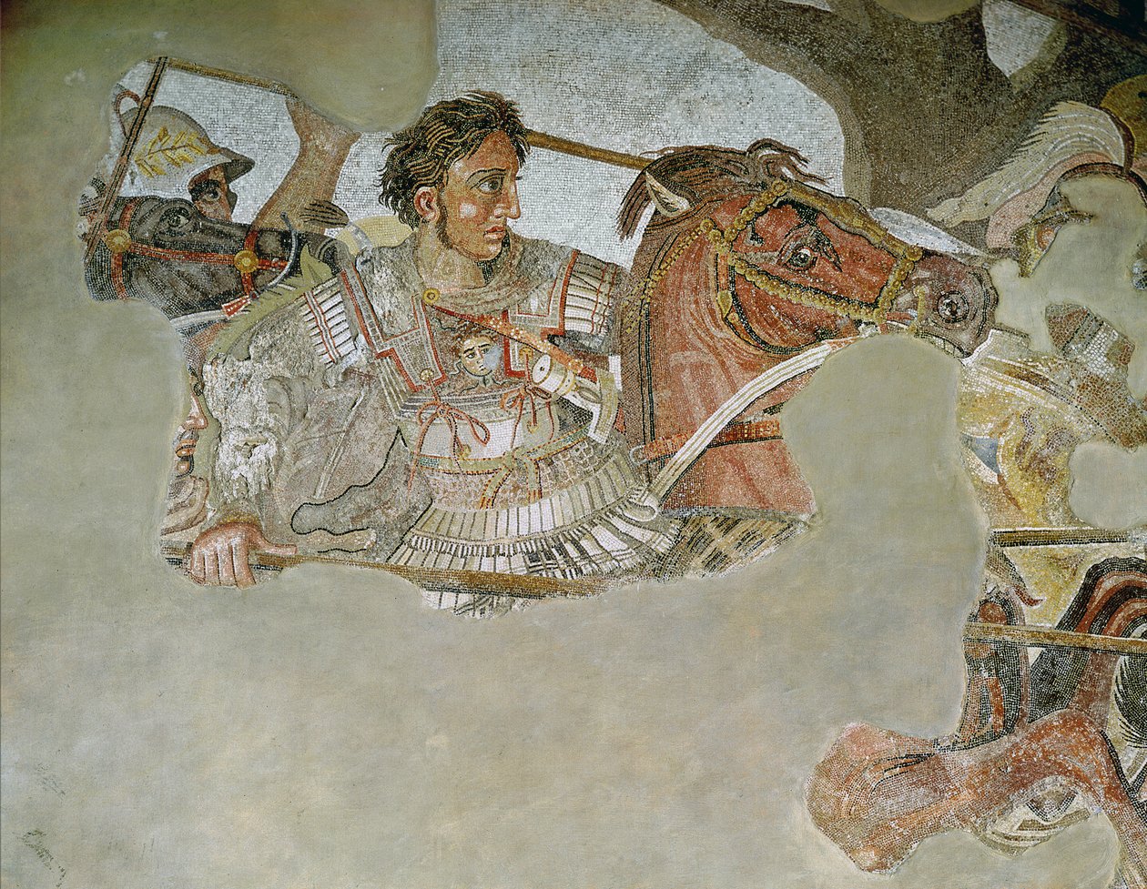 Alexandermosaikken, detalje, der afbilder Alexander den Store 356-323 f.Kr. ved slaget ved Issus mod Darius III 399-330 f.Kr. i 333 f.Kr. mosaikdetalje fra 154003 af Roman